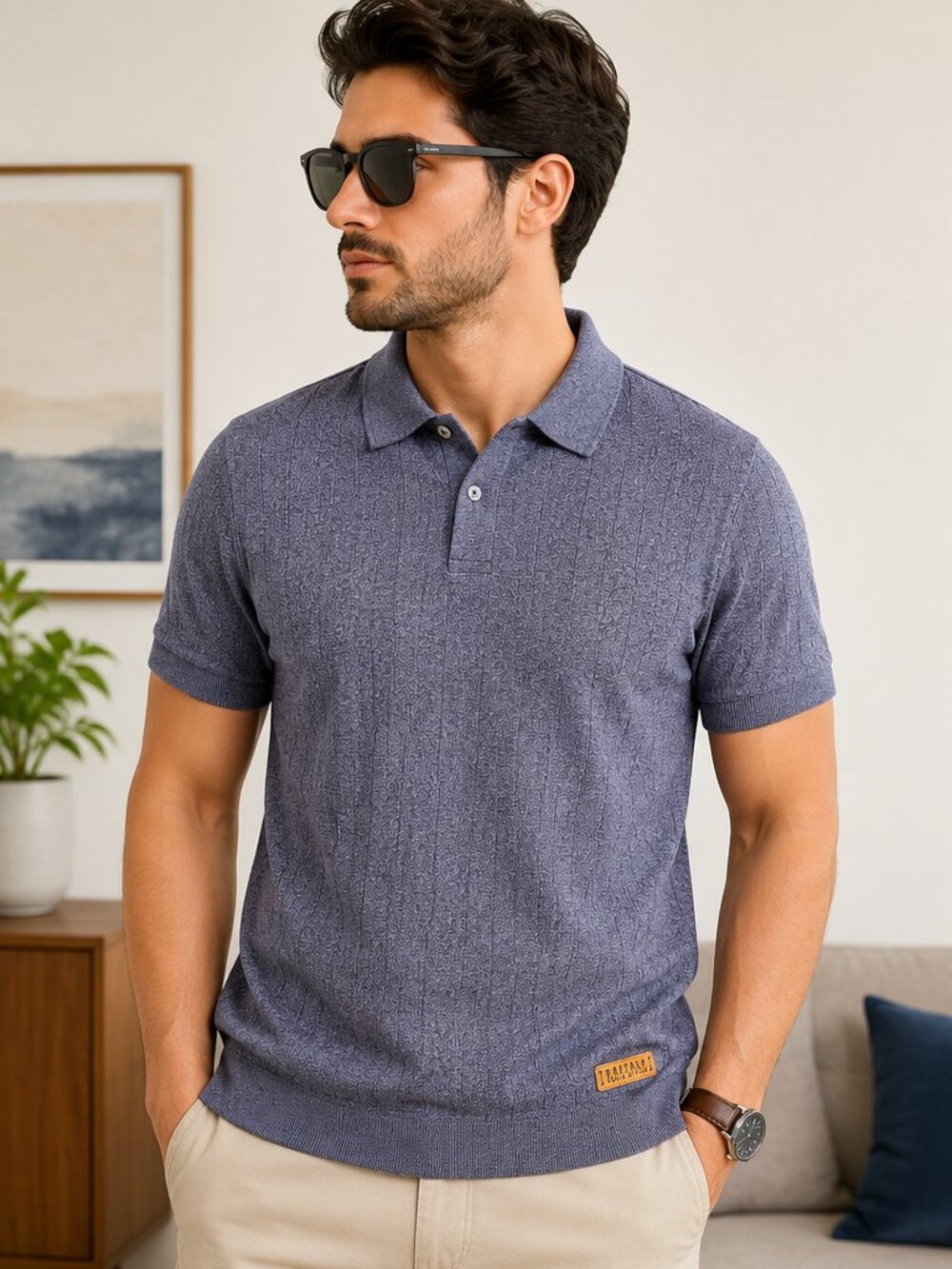 Buffalo David Bitton Gray Knit Polo Shirt Men's Medium Textured Short Sleeve